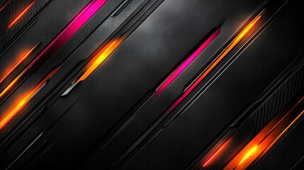 Poster - A dark gaming background with neon orange and pink lines cutting through a black carbon fiber texture, creating a modern, chaotic atmosphere with a blurred empty space for captions