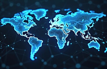 Poster - Global digital map Western Europe. Shows AI-powered global network connectivity. Emphasizes big data transfer. Represents cyber technology. Shows information exchange, telecommunications. Futuristic
