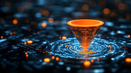 Leinwandbilder - Digital diagram and planet hologram representing futuristic fintech concepts, bright modern design, chaos, and innovation. Blank space on the side for text or caption