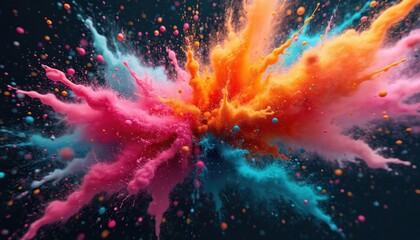 Poster - Colorful paint explosion abstract art background vibrant colors yellow pink orange blue red liquid dynamic motion artistic creative illustration splash texture design