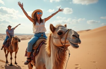 happy woman tourists enjoy camel ride tour in morocco desert. group of female holidaymakers fun on c