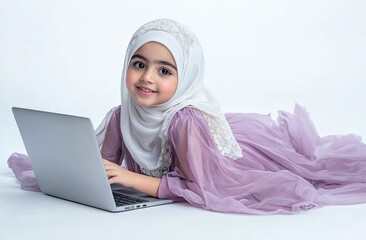 A little girl sporting traditional Muslim garments while using a laptop