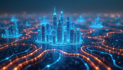 Poster - Futuristic digital cityscape. Glowing blue buildings form network of smart urban grid. Vibrant data streams pulsate through digital infrastructure. Tech metropolis in future. High tech architecture.