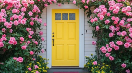 Poster - A striking yellow front door stands prominently amidst lush greenery and blooming pink roses, setting a joyful mood for visitors in a picturesque garden. Nature's beauty inspires a warm welcome