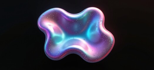 Poster - Abstract holographic liquid blob shape on dark background. Iridescent wavy liquid substance. Colorful dynamic design. Modern futuristic style. Creative 3d illustration. Unique blob object. Great for