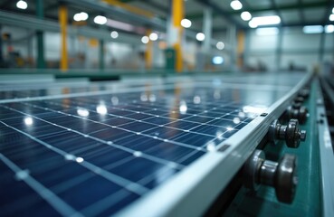 Poster - Solar panel production line in advanced factory. Automated system moves solar panels. Closeup view on panel. Modern tech equipment. Sustainable energy. Eco-friendly production. Industrial facility.