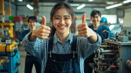 Poster - In a bustling auto repair shop, a young Asian woman confidently shows a thumbs-up, surrounded by smiling colleagues. Their teamwork and expertise create a vibrant atmosphere of automotive care.