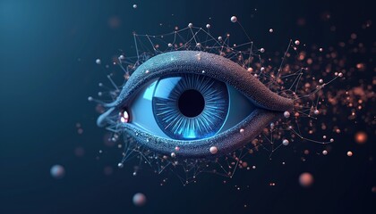 Poster - futuristic eye design shows tech vision. digital eye composed of mesh spheres, flying debris. low po