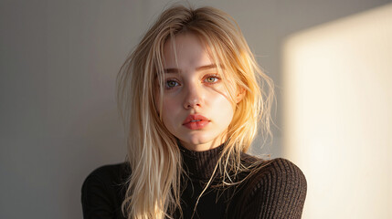 Wall Mural - Portrait of a young blonde woman wearing a black turtleneck sweater. Golden hour lighting.