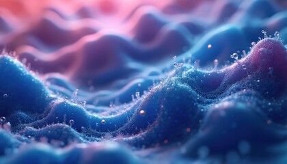Poster - Abstract liquid forms in blue, purple colors flow, ripple. Bubbles, droplets form unique patterns. Macro view shows detailed texture of flowing liquid. Futuristic design. Looks like cool drink bubble