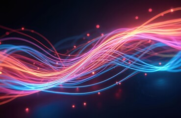 Abstract futuristic design shows colourful glowing optic fiber cables. Dynamic lines, waves create pattern of data flow. Bright colors, glowing effects suggest advanced technology, communication.