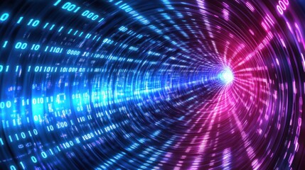 Poster - Data Stream: Binary Code Tunnel with Blue and Pink Glowing Lights