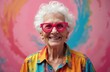 © Maryna - Stylish senior woman poses for photo. Cheerful elderly lady wears colorful tie-dye shirt, pink sunglasses. Portrait captures joy, confidence. Trendy fashion illustration in vibrant colors shows