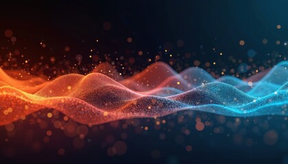 Leinwandbilder - Vibrant 3D sound waves in abstract colorful motion on dark background. Dynamic data visualization shows abstract points graph. Colorful wavy patterns, glowing particles form futuristic tech design.
