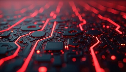 Leinwandbilder - Abstract tech illustration shows complex glowing red circuits on dark geometric surface. Futuristic design with vibrant contrast. Cybernetic, modern illustration with energy, power, innovation.