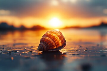 Poster - Sunset casting warm glow on seashell resting by tranquil shore at golden hour
