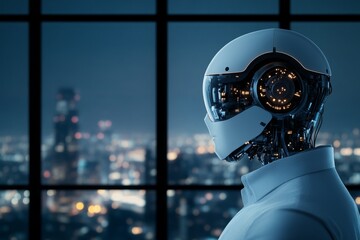 Poster - Robot standing by a window at night, overlooking a city skyline illuminated by lights