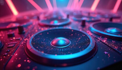 Poster - closeup view of several audio speakers. glowing lights behind speakers create vibrant dynamic effect