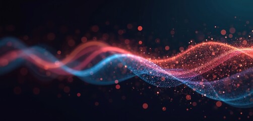 Leinwandbilder - Abstract digital wave pattern with vibrant blue, reddish colors. Particles flow smoothly in dynamic wave pattern. Bokeh lights create depth, highlight motion. Modern design perfect for tech