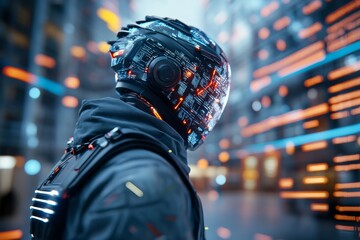Poster - Futuristic figure wearing an advanced helmet in a neon-lit urban environment with data streams at dusk