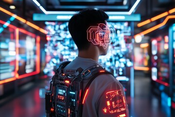 Poster - Futuristic individual exploring digital art installation in a high-tech gallery during evening hours