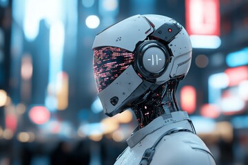 Poster - Futuristic robot with digital display navigating a bustling urban environment at night