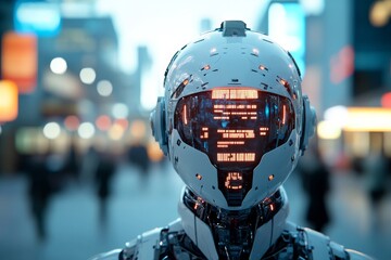 Poster - Futuristic robot with illuminated features in a bustling city environment during twilight