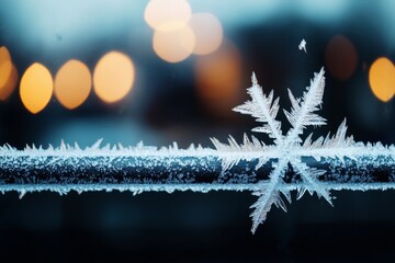 Poster - Frost patterns delicately form on a window in the early morning light, showcasing winter's chill and beauty