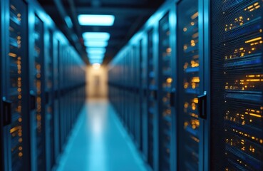 Leinwandbilder - modern data center interior shows rows of server equipment. blue, yellow lights illuminate equipment