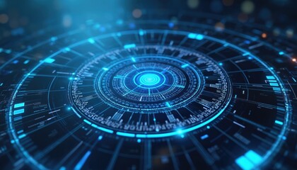 Poster - Intricate electric blue tech design with concentric circles, radial lines. Futuristic tech background. Modern illustration. Digital design. Beautiful pattern. Abstract techno wallpaper. Dynamic