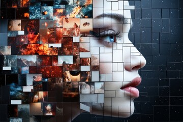 Poster - Exploration of identity through abstract mosaic depicting a woman's profile with cosmic imagery