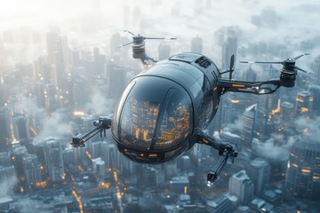 Wall Mural - Futuristic drone flying over a bustling city skyline during twilight capturing urban life from above