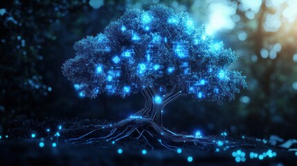 Glowing digital tree in forest; data network concept; website banner