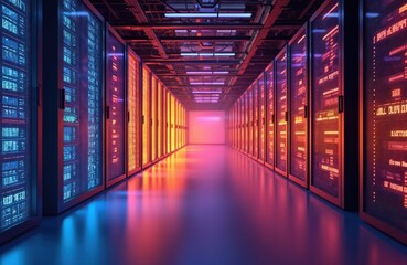 Leinwandbilder - large data center hallway. rows of tech servers. colorful glowing lights. thermal management. futuri