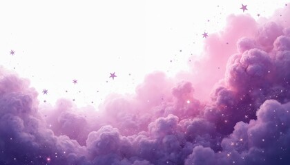 Poster - Purple cosmic clouds glow. Fluffy purple clouds fill sky. Tiny stars scatter among. Magical, dreamy sky texture. Fantasy universe galaxy nebula art. Abstract space background. Stunning cosmic