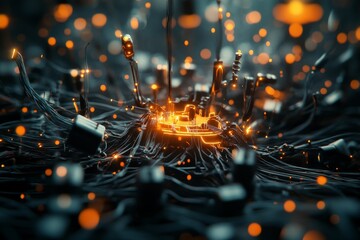Aufkleber - Complex network of glowing circuits and connections in a dark environment illustrating advanced technology