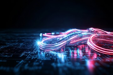 Poster - Bright neon wires intertwining on a dark digital surface creating a futuristic look