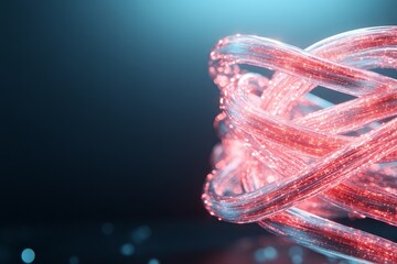 Poster - Abstract representation of glowing red and white intertwining strands illuminated against a dark background
