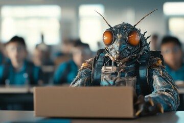 Poster - In a classroom, an insect-like creature attentively observes while other students sit quietly at their desks