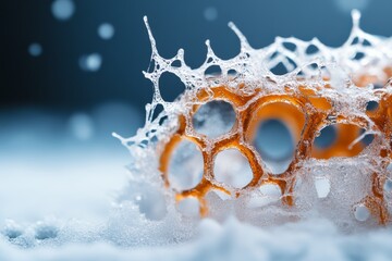 Poster - Close-up of intricate foam structure with bubbles on a soft surface during a calm evening