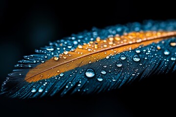 Poster - Colorful feather covered in droplets glistens against a dark background