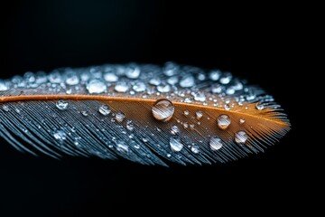 Poster - Close-up of a feather with water droplets against a dark background showcasing natural beauty and intricate details