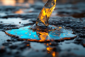 Poster - Liquid dripping onto a colorful surface creates vibrant reflections and unique patterns during sunset