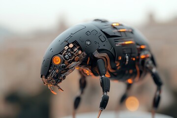 Poster - High-tech robotic insect stands on a surface against a blurred cityscape during twilight