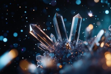 Poster - Intricate quartz crystals refracting light amidst a shimmering background of bokeh at night