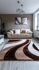 Poster - This modern living space features a shaggy area rug in earthy tones of brown, white, and tan, enhancing the stylish cream sofa and coffee table. A serene ambiance is achieved with simple lines