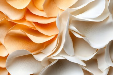 Poster - Close-up view of soft, overlapping peach and white petals showcasing delicate floral textures