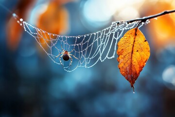 Poster - Delicate spider web adorned with dewdrops and autumn leaves in a serene forest setting