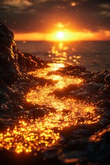 Wall Mural - Sunset over ocean waves reflecting golden light on rocky shore with vibrant sky in coastal location