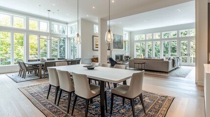 Poster - Embracing an open design, this living space showcases a stylish white dining set surrounded by natural light from expansive windows. A blend of comfort and modern aesthetics invites relaxation